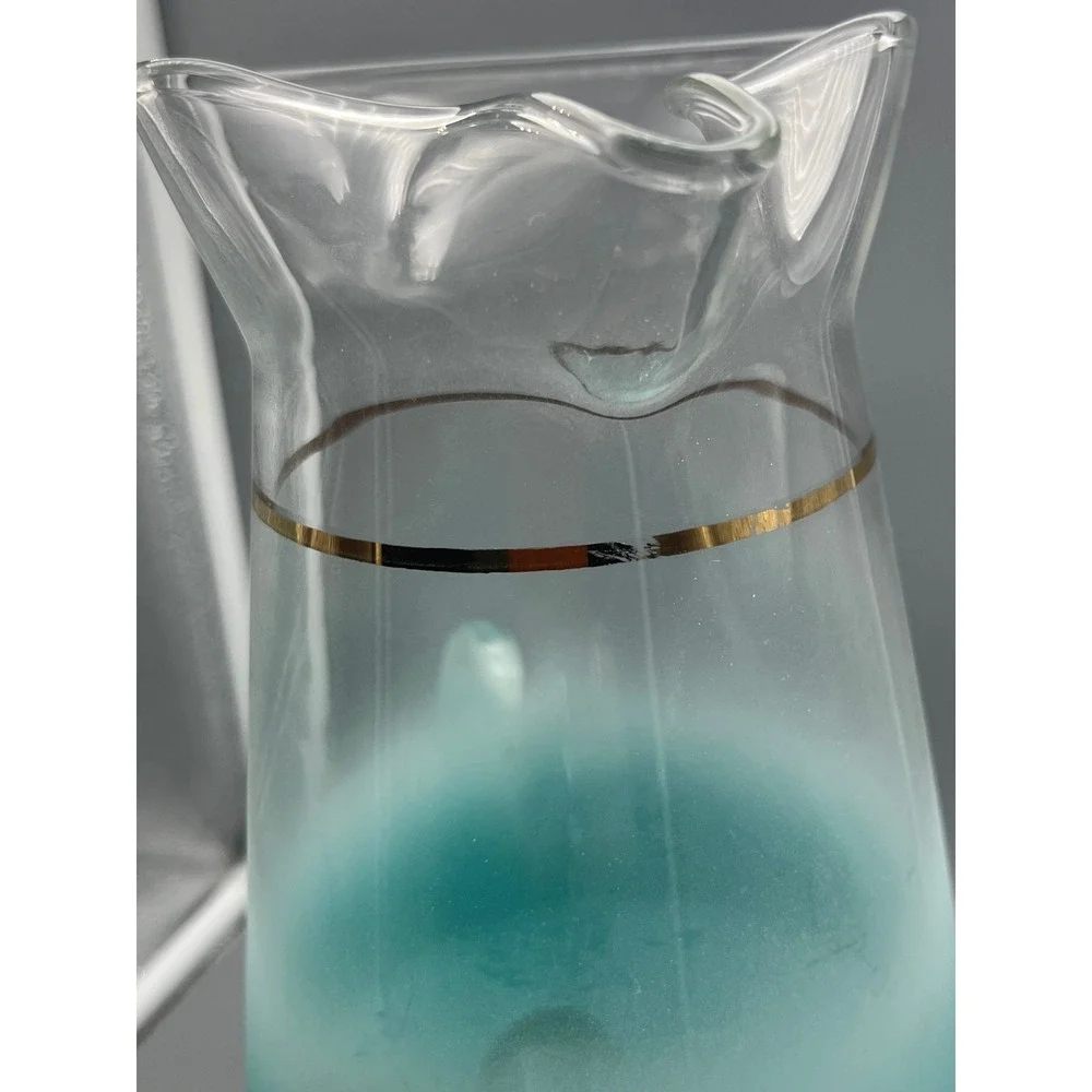 Vtg Blendo Glass Pitcher Frosted Turquoise MCM Vintage 1950 Gold Trim‎ W.V.